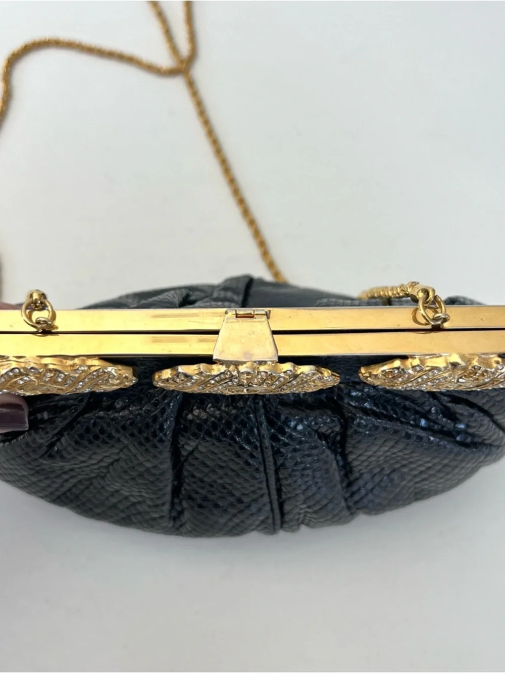 CAROL FIORI Italy Vintage Black Snake Leather Rhinestone Cocktail Evening Purse